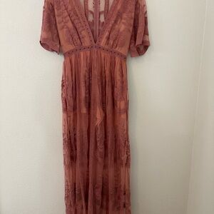 Honey Punch Orange Pleated Maxi Dress with Flutter Sleeves